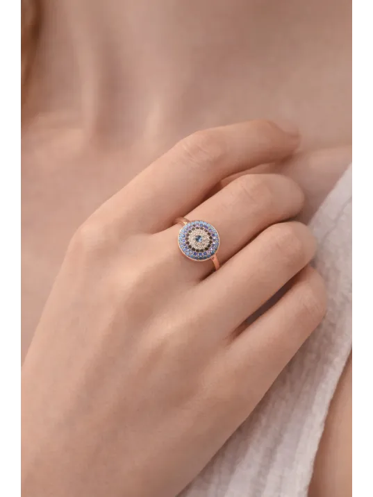 Kadın Kolye Yüzük Set - Rose Kaplama Nazar Boncuğu Motifli Kadın Set