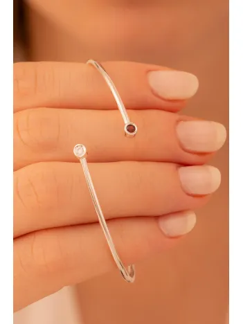 Kadın Gümüş Bileklik - Kadın Kelepçe - El Yapımı Gümüş Zirkon Ve Yakut Taşlı Zarif Kadın Bileklik