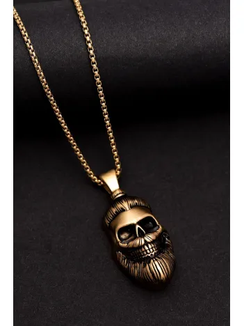 Erkek Çelik Kolye - Altın Kaplama Sakallı KuruKafa Model Çelik Kolye