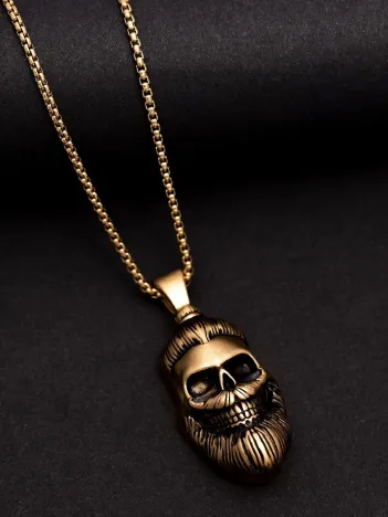 Erkek Çelik Kolye - Altın Kaplama Sakallı KuruKafa Model Çelik Kolye