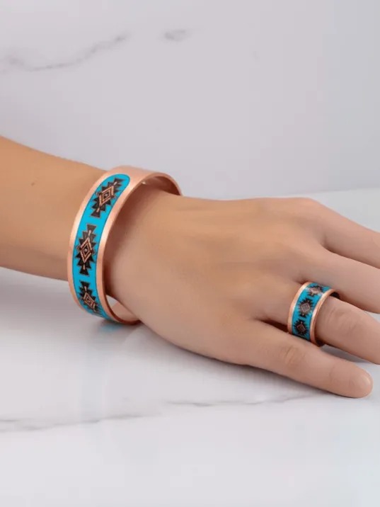 Kadın Bakır Bileklik Yüzük Set - Charmaleon Model Özel Baskı Metal Kutu Ve Doğal Taşlar