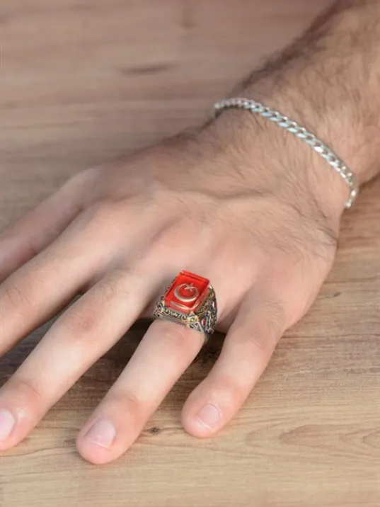 Mineli Ay Yıldız İşlemeli Kenarı Motifli Zirkon Taşlı 925 Ayar Gümüş Erkek Yüzük GYZAYYLDZKK-KRS