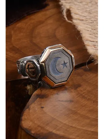 Ay Yıldız Model Yanı Elif Vav Yazılı Erkek Gümüş Yüzük