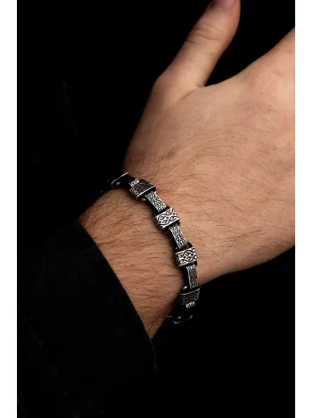 Erkek Gümüş Bileklik - Etnik Desenli Blok Model 2 Gümüş Bileklik Künye