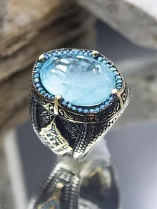 Mavi Paraiba Taşlı ve Firuze Süslemeli Yanları İşlemeli Oval 925 Ayar Gümüş Erkek Yüzük
