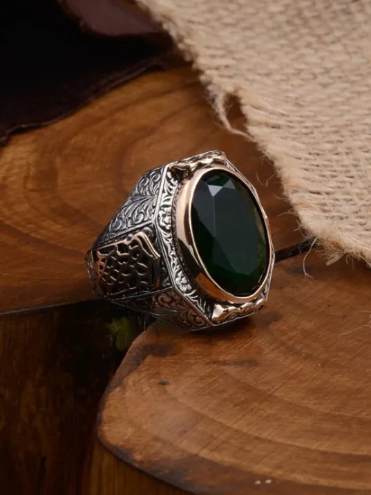 Yeşil Zirkon Taşlı Yanı İşlemeli Erkek Gümüş Yüzük