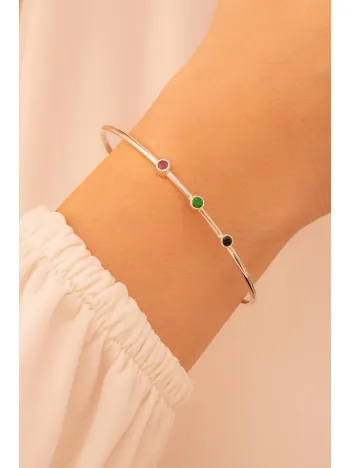 Kadın Gümüş Bileklik - Kadın Kelepçe - El Yapımı Gümüş Safir Yakut Ve Zümrüt Taşlı Kadın Bileklik