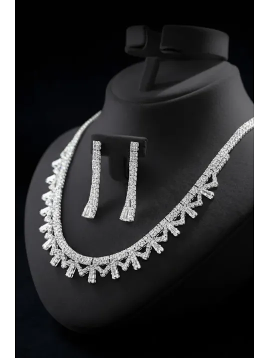 Kadın Bijuteri Kolye Küpe Set - Serena Model Zirkon Taşlı ve Baget Zarif Su Yolu Set