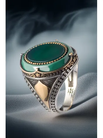 Erkek Yeşil Akik Taşlı İsim Yazılabilir 925 Ayar Gümüş Yüzük