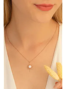 Kadın Gümüş Kolye - Rose Altın Kaplama Beyaz Opal Taşlı Kutup Yıldızı Gümüş Kolye