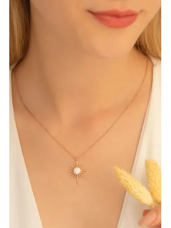 Kadın Gümüş Kolye - Rose Altın Kaplama Beyaz Opal Taşlı Kutup Yıldızı Gümüş Kolye