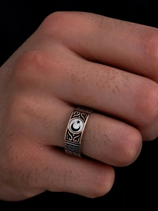 Erkek Gümüş Yüzük - Ayyıldız İşlemeli İnce Kibar Model Gümüş Yüzük