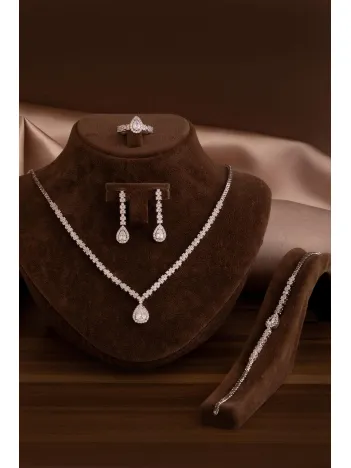 Kadın Gümüş Takı Seti - Aylin Damla Model Zirkon Taşlı Kolye, Bileklik, Yüzük, Küpe Tam Set