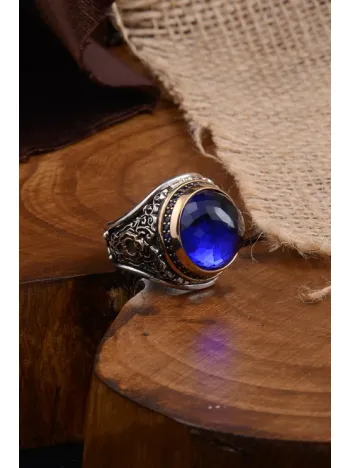 Sivri Aquamarin Taşlı Yanı Bayrak Motifli Türk Yazılı Erkek Gümüş Yüzük