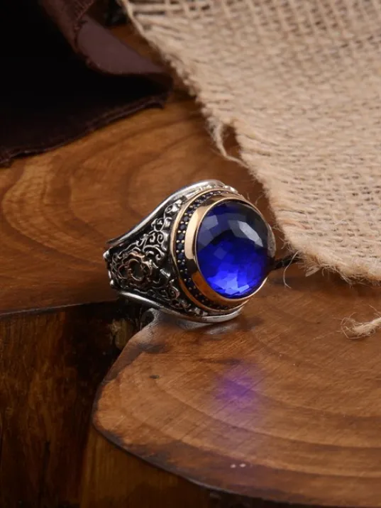 Sivri Aquamarin Taşlı Yanı Bayrak Motifli Türk Yazılı Erkek Gümüş Yüzük