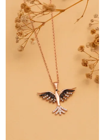 Zümrüdü Anka Kuşu Rose Renk Bayan Gümüş Kolye