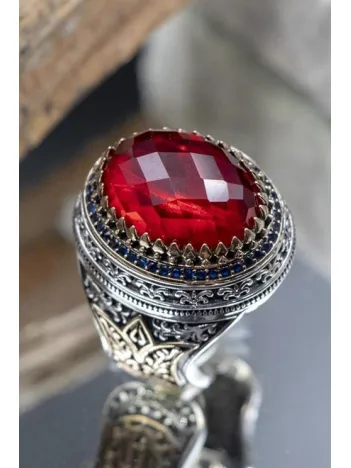 Kırmızı Zirkon Taşlı Ay Yıldız Desenli Yanı Lale Motif Erkek 925 Ayar Gümüş Yüzük GYZENDZIRAY-KRM