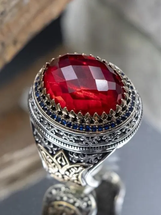 Kırmızı Zirkon Taşlı Ay Yıldız Desenli Yanı Lale Motif Erkek 925 Ayar Gümüş Yüzük GYZENDZIRAY-KRM