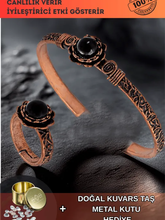 Kadın Bakır Bileklik Yüzük Set - Oniks Taşlı Yuvarlak Ağaç Kabuğu Model İnce Metal Kutu Kuvars Taşı