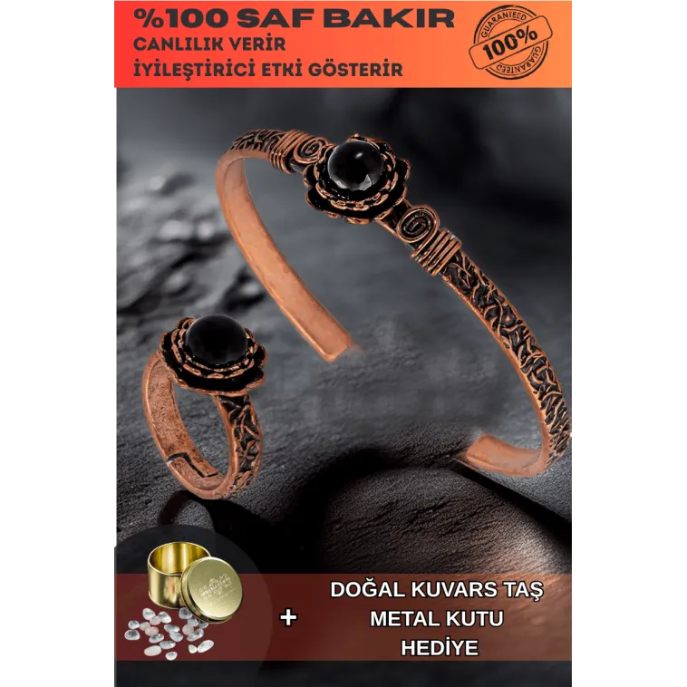 Kadın Bakır Bileklik Yüzük Set - Oniks Taşlı Yuvarlak Ağaç Kabuğu Model İnce Metal Kutu Kuvars Taşı Kadın Bakır Bileklik Yüzük Set - Oniks Taşlı Yuvarlak Ağaç Kabuğu Model İnce Metal Kutu Kuvars Taşı