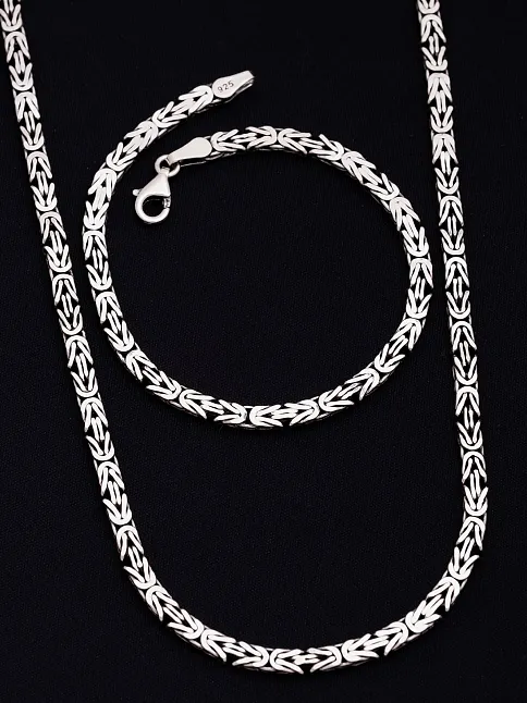 Erkek Gümüş Kolye Bileklik Set - 4.5mm Dikdörtgen Kesim Yassı Kral Gümüş Kolye Bileklik Set