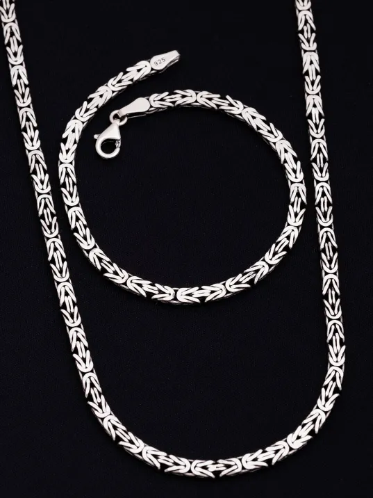 Erkek Gümüş Kolye Bileklik Set - 4.5mm Dikdörtgen Kesim Yassı Kral Gümüş Kolye Bileklik Set