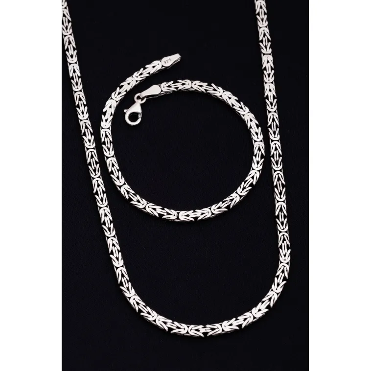 Erkek Gümüş Kolye Bileklik Set - 4.5mm Dikdörtgen Kesim Yassı Kral Gümüş Kolye Bileklik Set Erkek Gümüş Kolye Bileklik Set - 4.5mm Dikdörtgen Kesim Yassı Kral Gümüş Kolye Bileklik Set