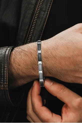 Erkek Gümüş Bileklik -Tasarım Parlak Çizgili Model 925 Ayar Erkek Bileklik