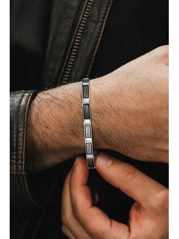 Erkek Gümüş Bileklik -Tasarım Parlak Çizgili Model 925 Ayar Erkek Bileklik