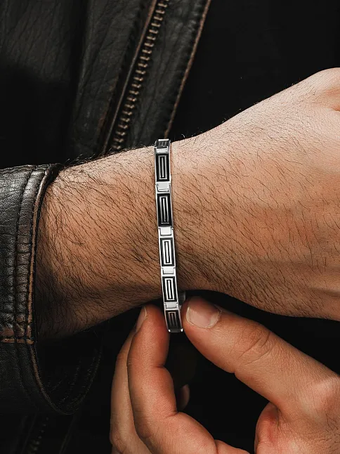 Erkek Gümüş Bileklik -Tasarım Parlak Çizgili Model 925 Ayar Erkek Bileklik