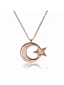 Gümüş Bayan Rose Ay Yıldız Bayrak Kolye