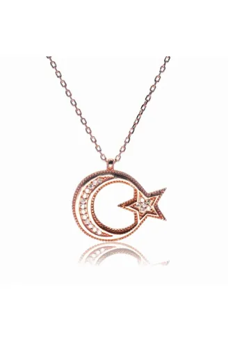 Gümüş Bayan Rose Ay Yıldız Bayrak Kolye