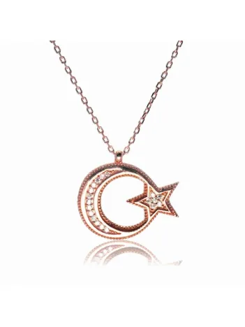 Gümüş Bayan Rose Ay Yıldız Bayrak Kolye
