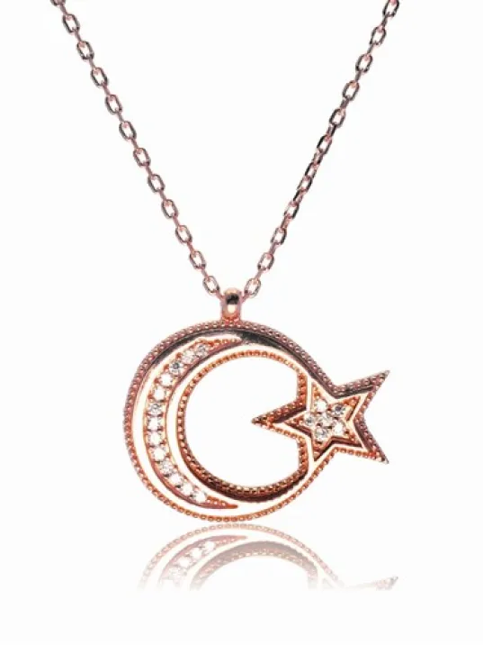 Gümüş Bayan Rose Ay Yıldız Bayrak Kolye