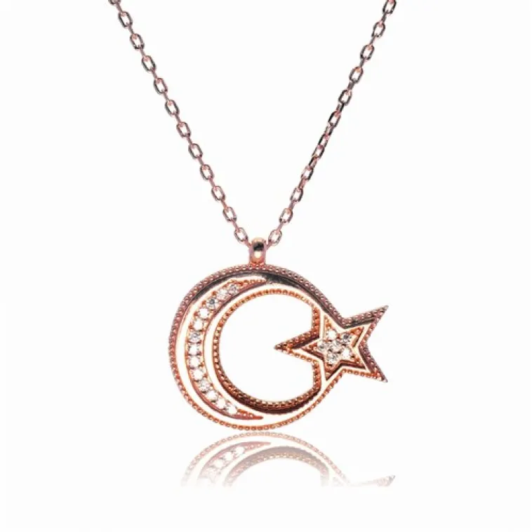 Gümüş Bayan Rose Ay Yıldız Bayrak Kolye Gümüş Bayan Rose Ay Yıldız Bayrak Kolye