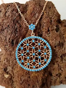 Turkuaz Zirkon Taşlı Rose Renk Yaşam Çiçeği Bayan Gümüş Kolye