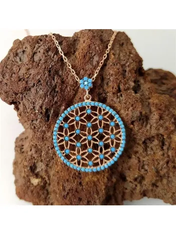 Turkuaz Zirkon Taşlı Rose Renk Yaşam Çiçeği Bayan Gümüş Kolye