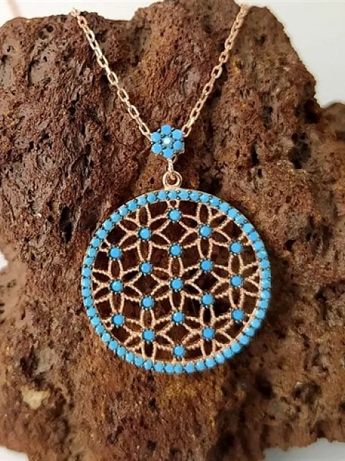 Turkuaz Zirkon Taşlı Rose Renk Yaşam Çiçeği Bayan Gümüş Kolye