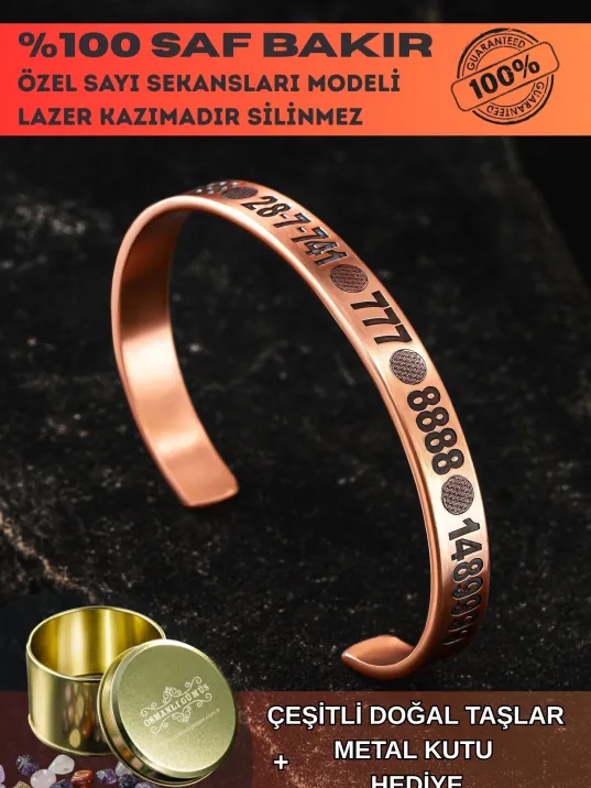 Saf Bakır Bileklik Silinmez Melek Sayı Sekansları Aşk Para Sağlık Metal Kutu Taş Her Bileğe Uyar