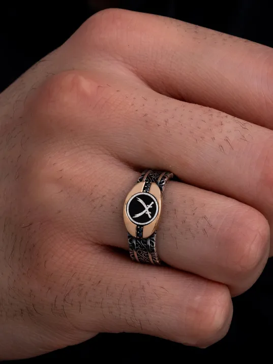 Erkek Gümüş Yüzük - Çift Kılıç Zülfikarlı İnce Kibar Gümüş Erkek Yüzüğü