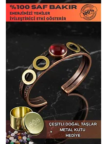 Kadın Bakır Bileklik - Kırmızı Akik Taş Halkalı Model Bakır Bilezik Metal Kutu Ve Doğal Taşlar