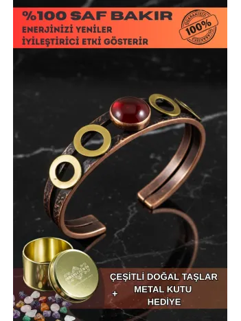 Kadın Bakır Bileklik - Kırmızı Akik Taş Halkalı Model Bakır Bilezik Metal Kutu Ve Doğal Taşlar