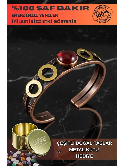 Kadın Bakır Bileklik - Kırmızı Akik Taş Halkalı Model Bakır Bilezik Metal Kutu Ve Doğal Taşlar