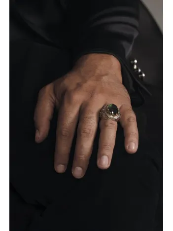 Yeşil Zirkon Taşlı İşlemeli Erkek Gümüş Yüzük GYZZRCNYESL-GMS