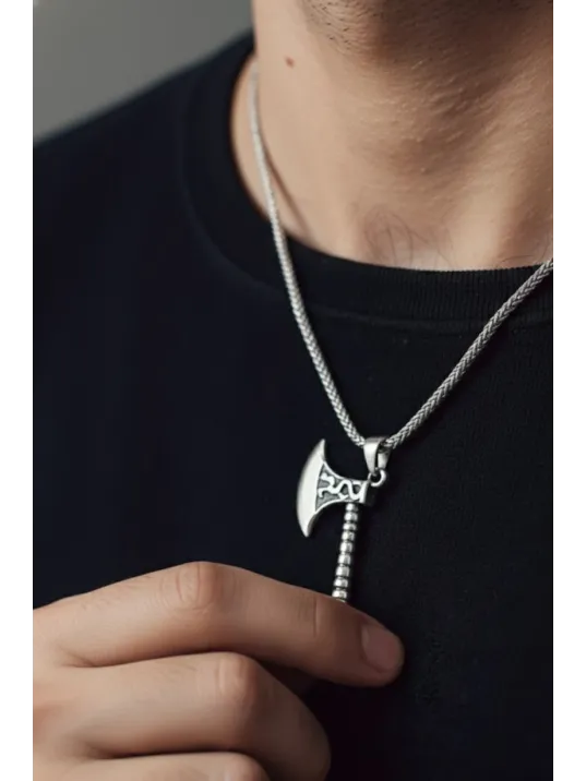 Erkek Gümüş Kolye - Viking Savaş Baltası Sivri Kenar Detaylı Erkek Kolye