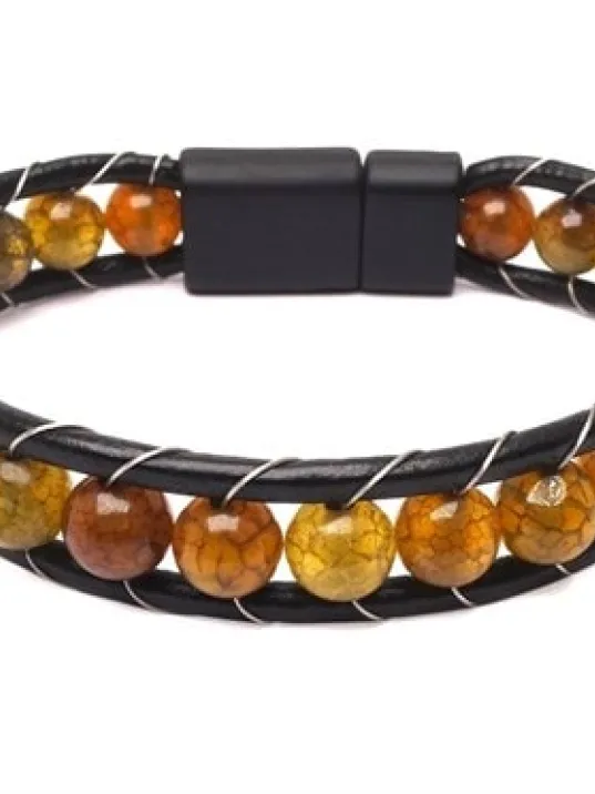 Erkek Kahverengi Akik Doğal Taş Deri Bileklik