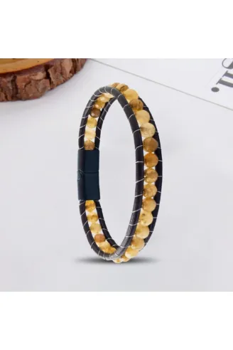 Erkek Doğaltaş Bileklik - 6Mm Damarlı Faset Kesim Doğal Kahverengi Akik Taşlı Deri Kordon Bileklik