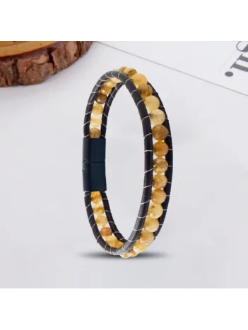 Erkek Doğaltaş Bileklik - 6Mm Damarlı Faset Kesim Doğal Kahverengi Akik Taşlı Deri Kordon Bileklik