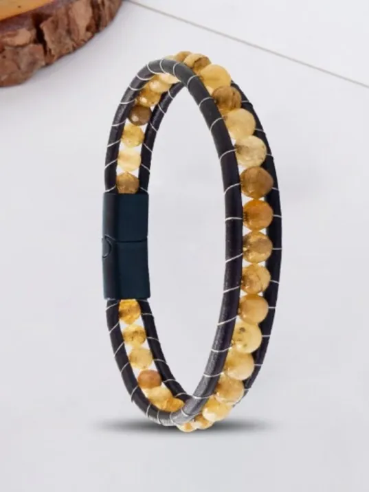 Erkek Doğaltaş Bileklik - 6Mm Damarlı Faset Kesim Doğal Kahverengi Akik Taşlı Deri Kordon Bileklik