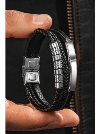 Erkek Deri Bileklik - İsim Yazılan Paslanmaz Çelik Deri Kordonlu Erkek Bileklik